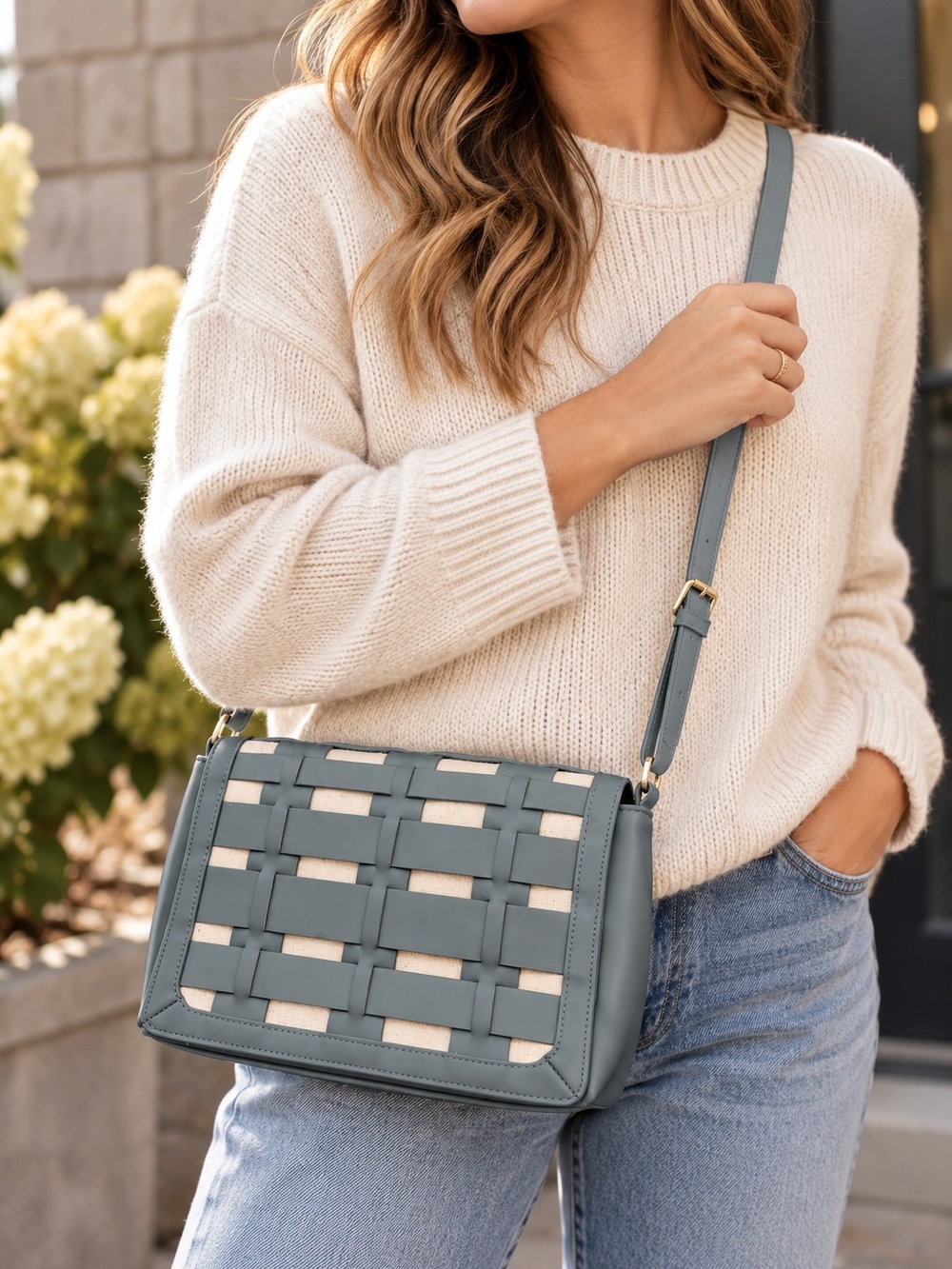 A New Day Woven Crossbody Bag Blue Gray Cream Adjustable Strap Purse
